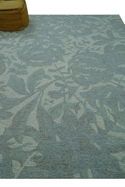 Custom Made Traditional Floral Design Silver And Blue Hand Tufted Wool Area Rug.