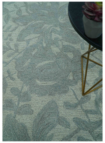 Custom Made Traditional Floral Design Silver And Blue Hand Tufted Wool Area Rug.