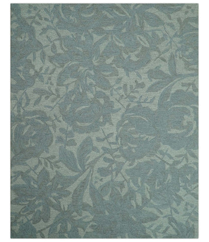 Custom Made Traditional Floral Design Silver And Blue Hand Tufted Wool Area Rug.