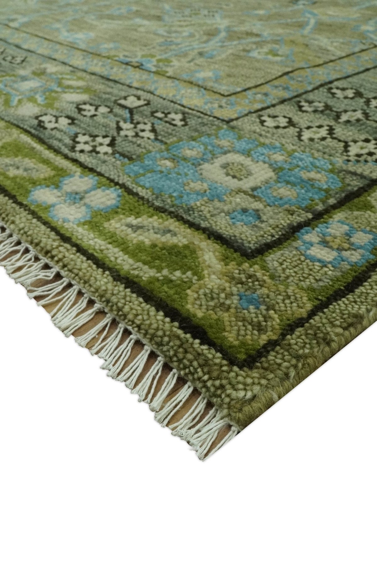 Custom Made Traditional Floral Green and Aqua Hand Knotted wool area rug.