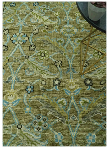 Custom Made Traditional Floral Green and Aqua Hand Knotted wool area rug.