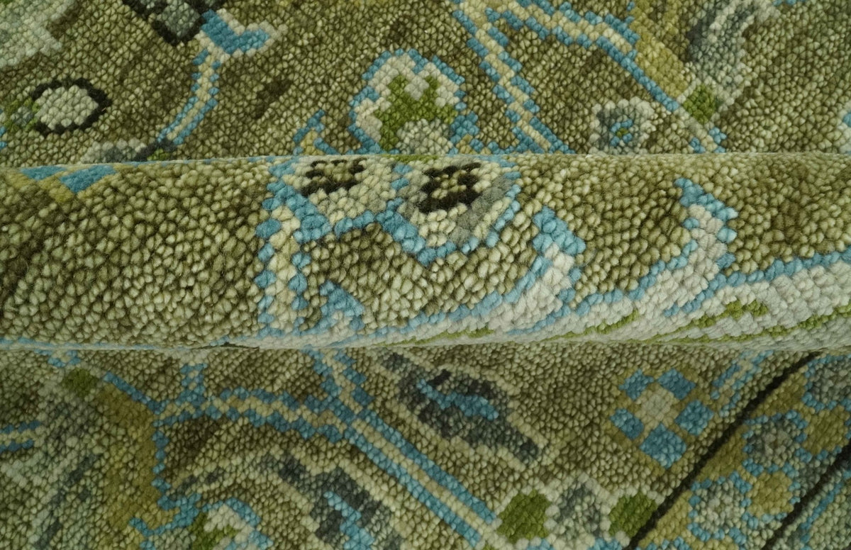 Custom Made Traditional Floral Green and Aqua Hand Knotted wool area rug.