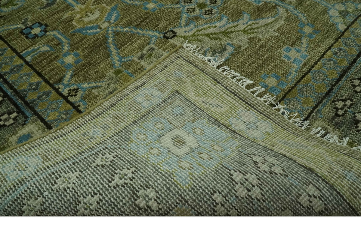 Custom Made Traditional Floral Green and Aqua Hand Knotted wool area rug.