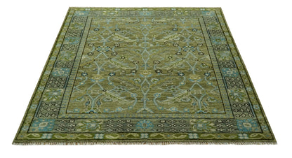 Custom Made Traditional Floral Green and Aqua Hand Knotted wool area rug.