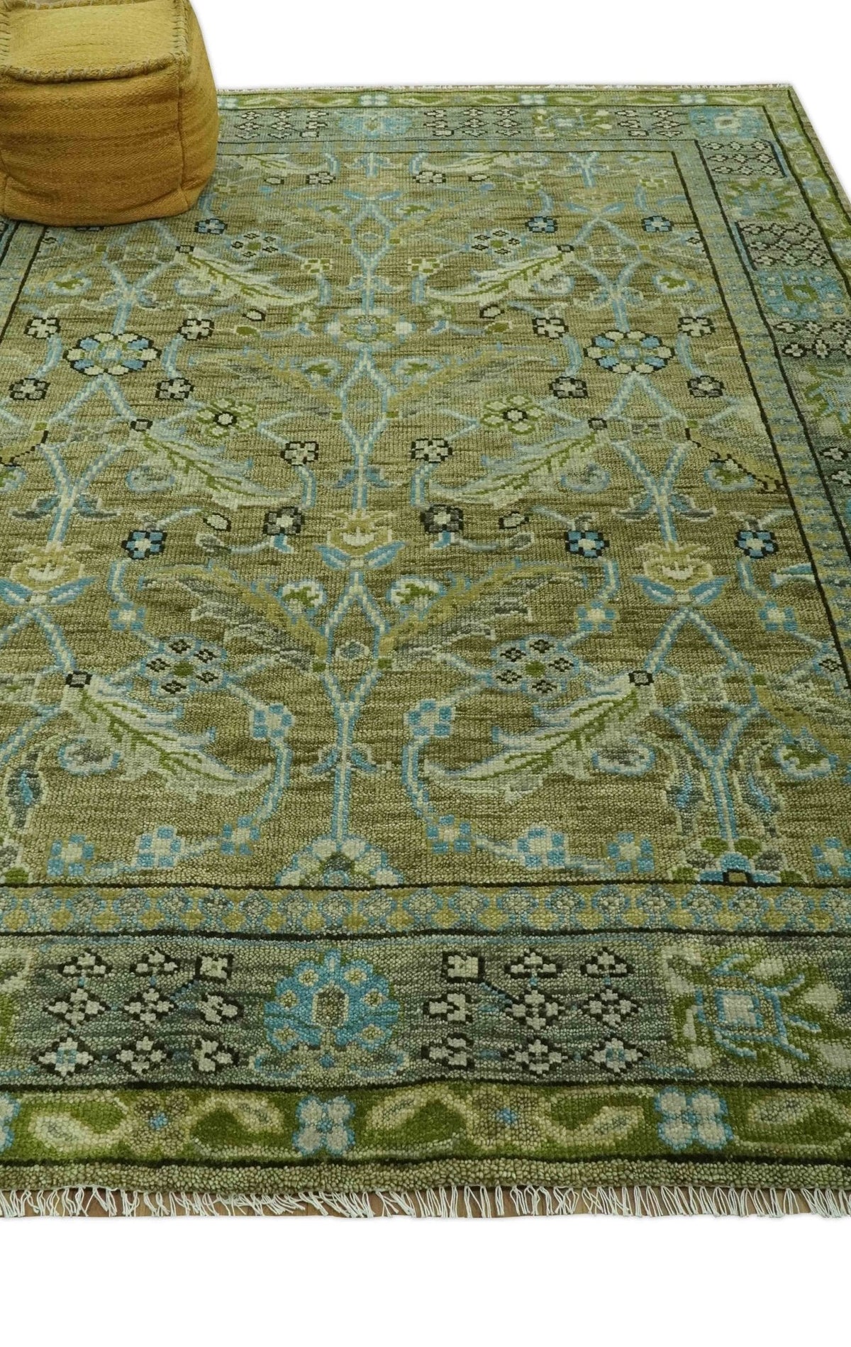 Custom Made Traditional Floral Green and Aqua Hand Knotted wool area rug.