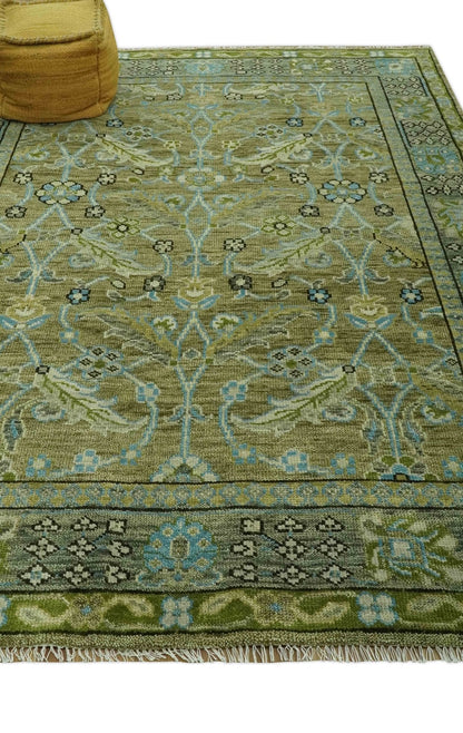 Custom Made Traditional Floral Green and Aqua Hand Knotted wool area rug.