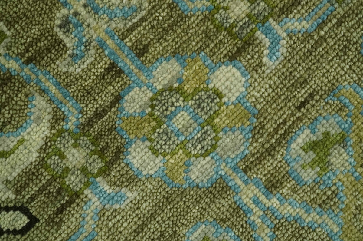 Custom Made Traditional Floral Green and Aqua Hand Knotted wool area rug.