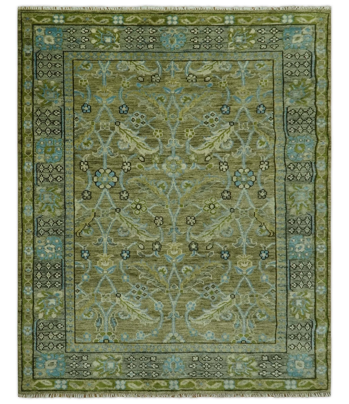 Custom Made Traditional Floral Green and Aqua Hand Knotted wool area rug.