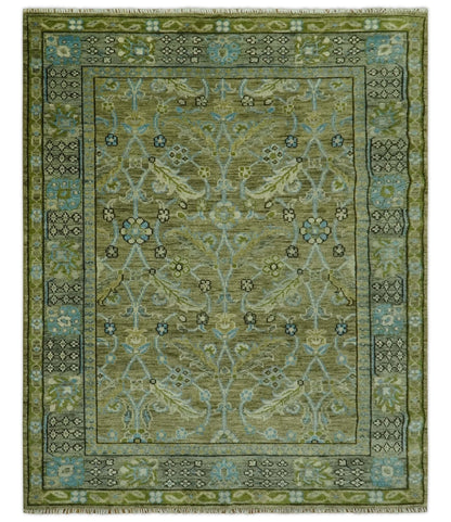 Custom Made Traditional Floral Green and Aqua Hand Knotted wool area rug.