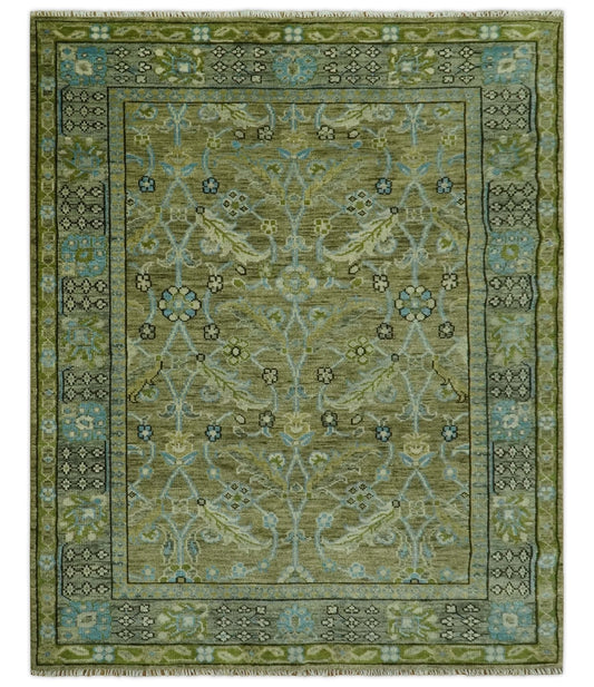 Custom Made Traditional Floral Green and Aqua Hand Knotted wool area rug.