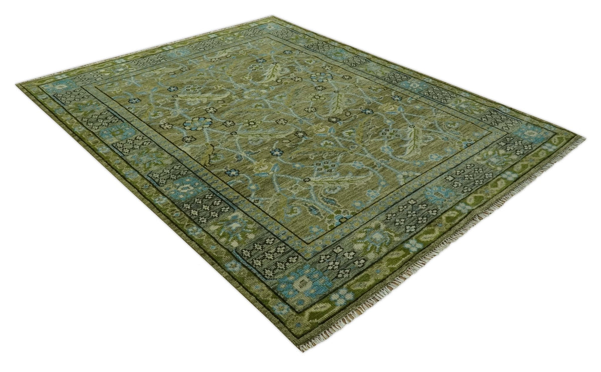 Custom Made Traditional Floral Green and Aqua Hand Knotted wool area rug.