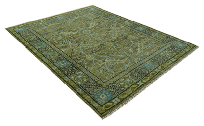 Custom Made Traditional Floral Green and Aqua Hand Knotted wool area rug.