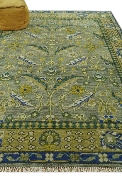 Custom Made Traditional Floral Green and Blue Hand Knotted wool area rug.
