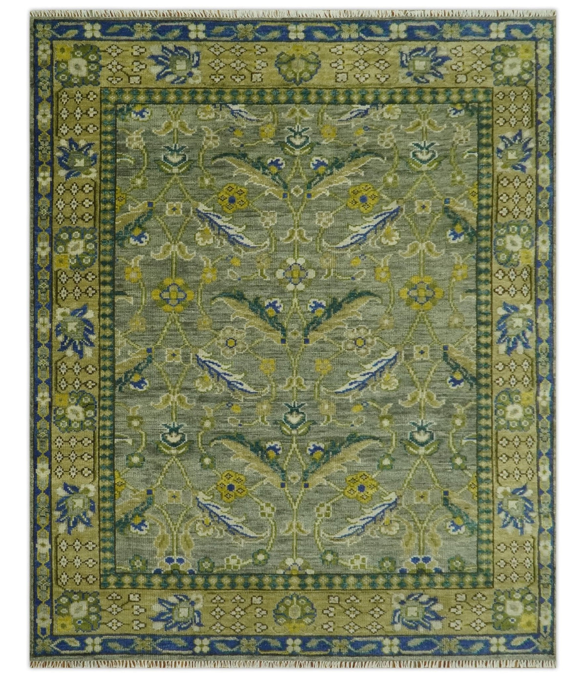Custom Made Traditional Floral Green and Blue Hand Knotted wool area rug.