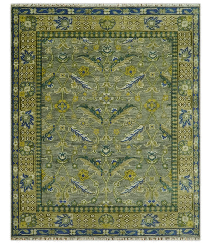 Custom Made Traditional Floral Green and Blue Hand Knotted wool area rug.
