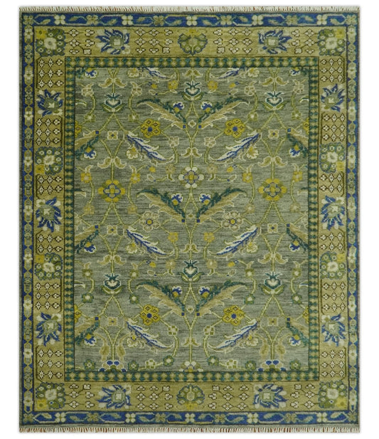 Custom Made Traditional Floral Green and Blue Hand Knotted wool area rug.