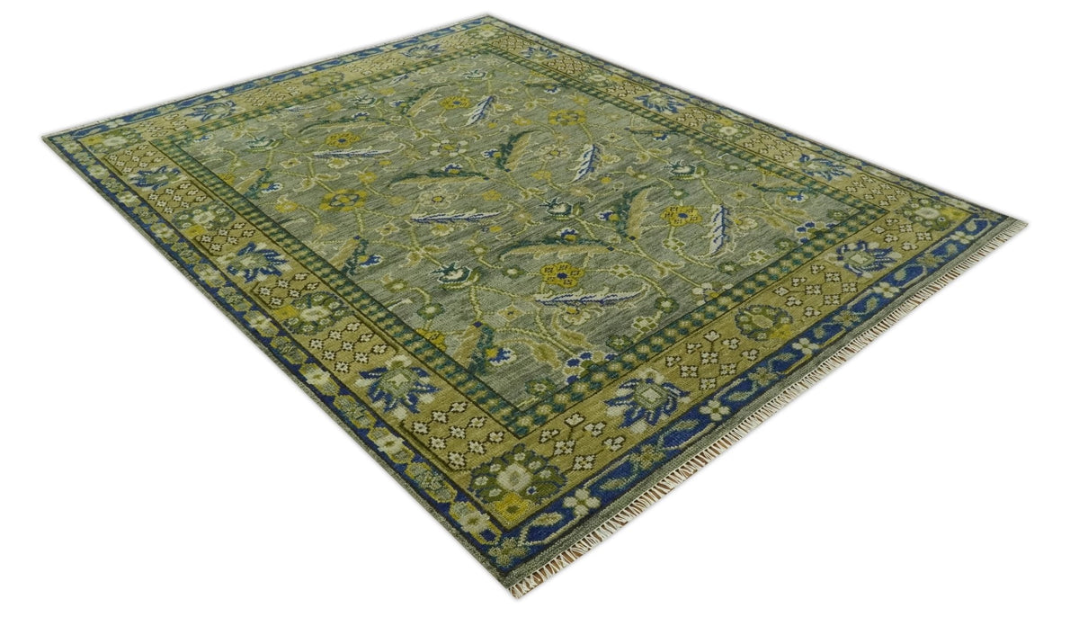 Custom Made Traditional Floral Green and Blue Hand Knotted wool area rug.
