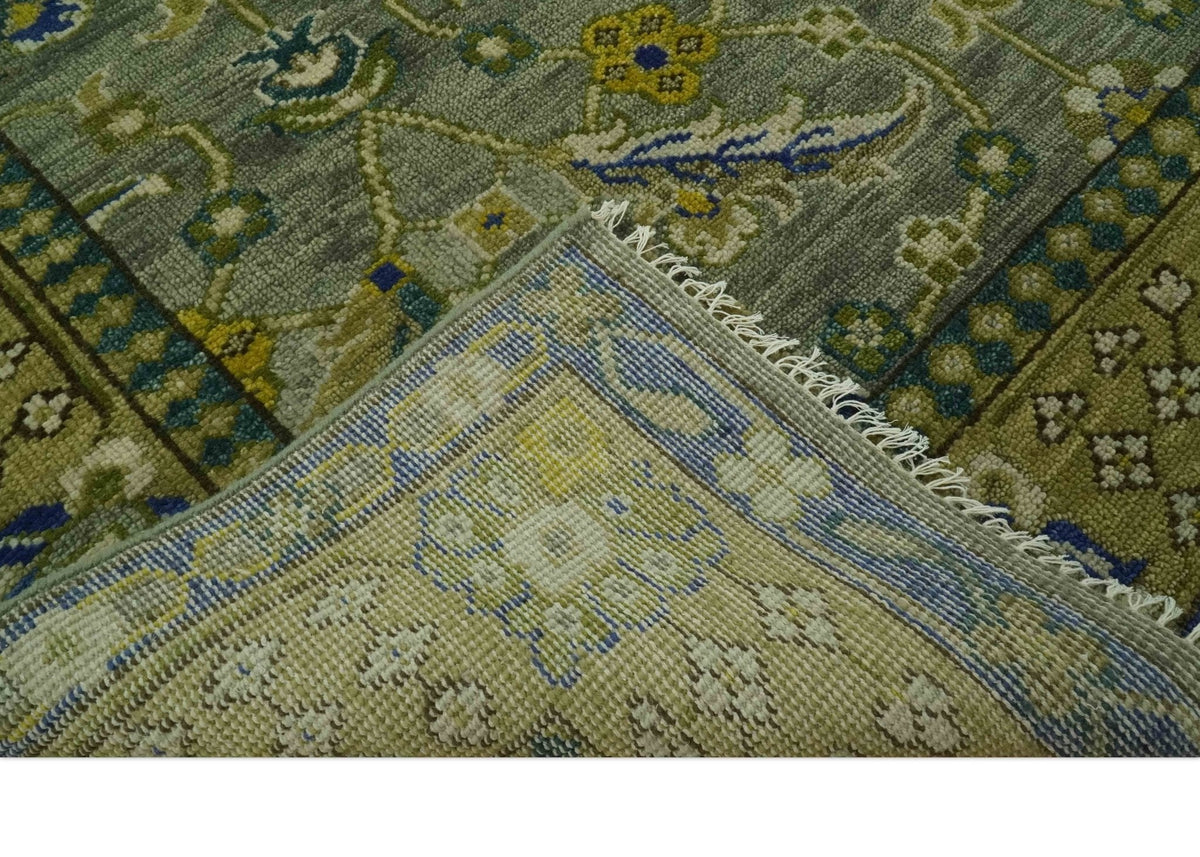 Custom Made Traditional Floral Green and Blue Hand Knotted wool area rug.