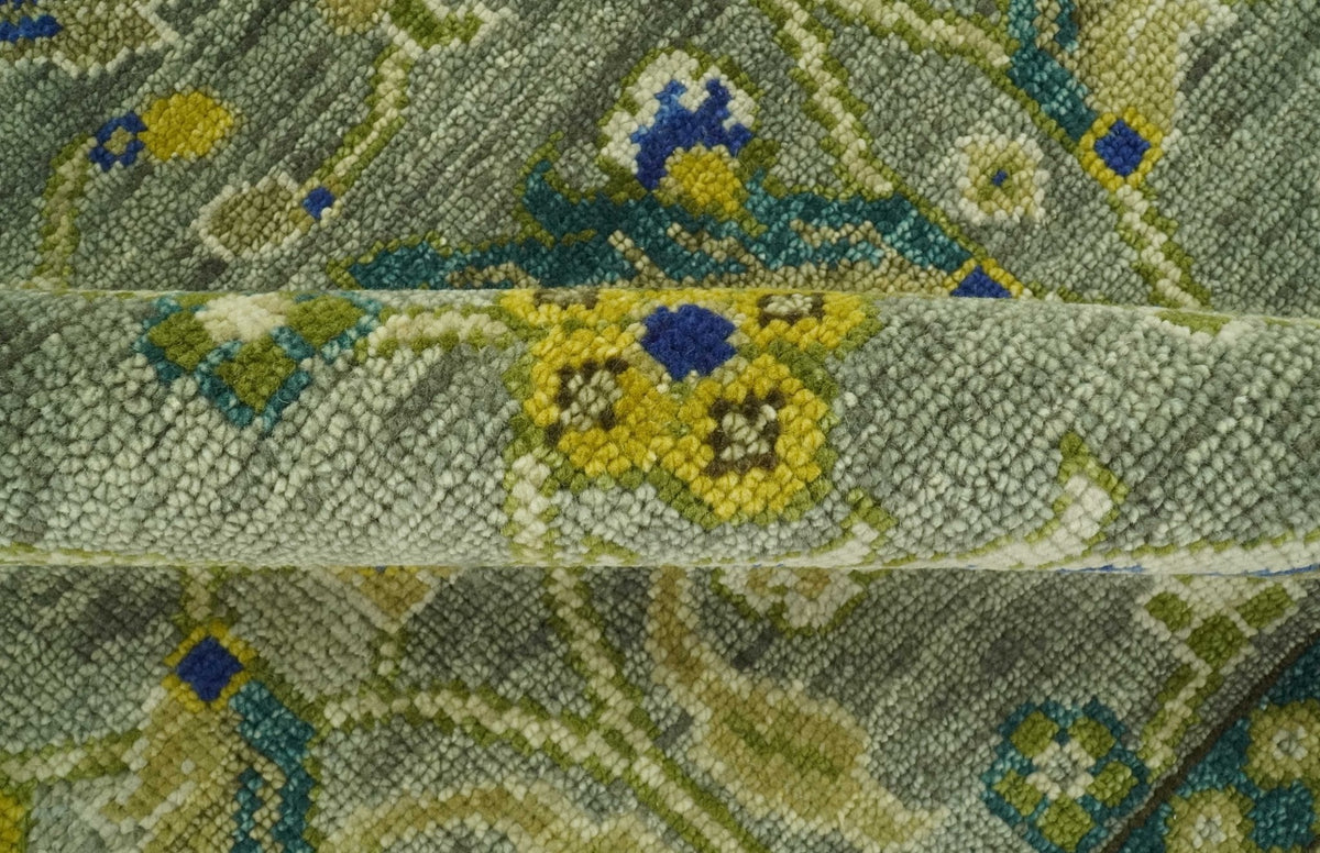 Custom Made Traditional Floral Green and Blue Hand Knotted wool area rug.