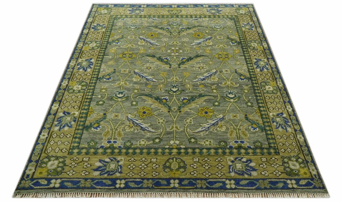 Custom Made Traditional Floral Green and Blue Hand Knotted wool area rug.