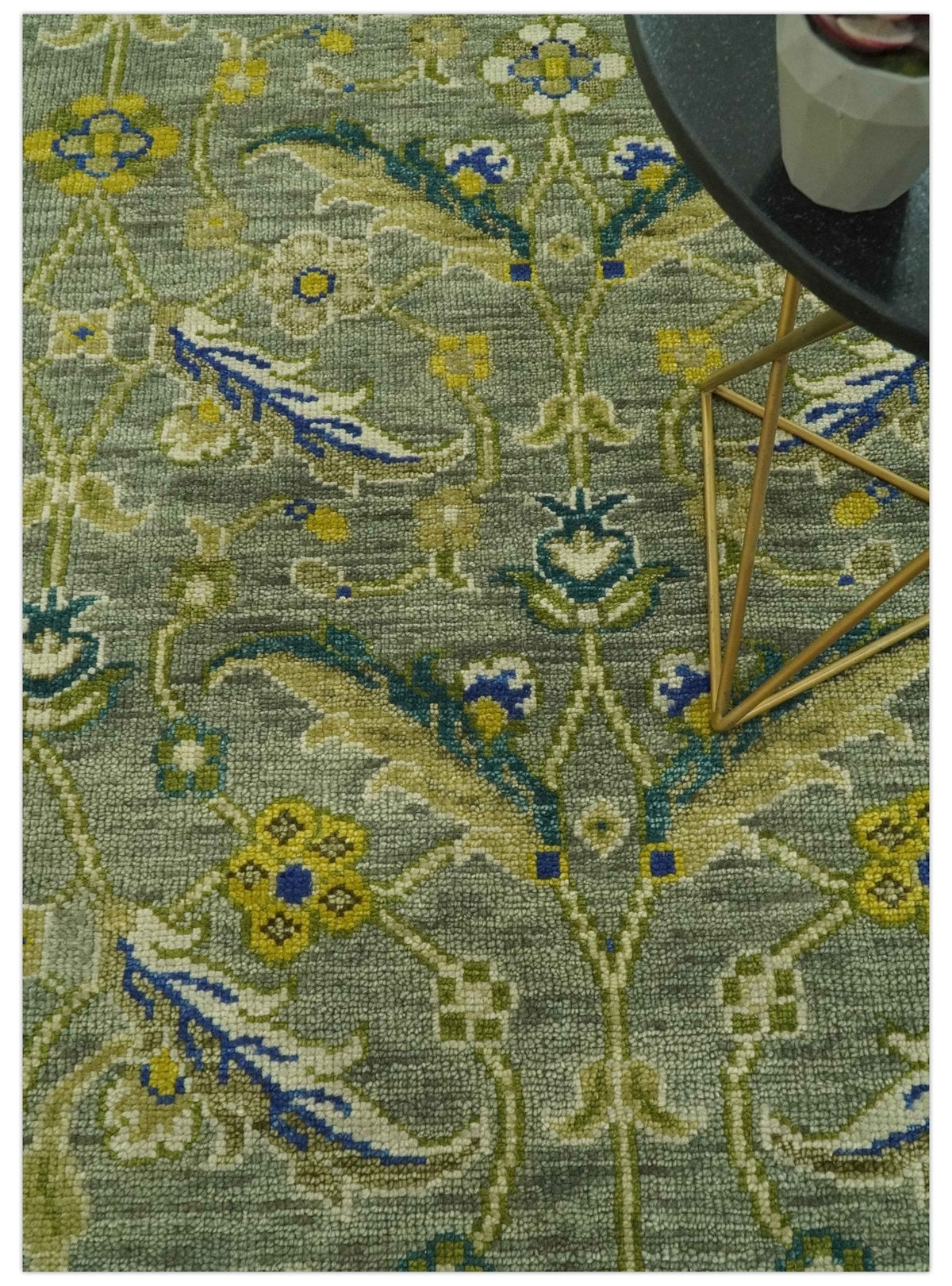 Custom Made Traditional Floral Green and Blue Hand Knotted wool area rug.