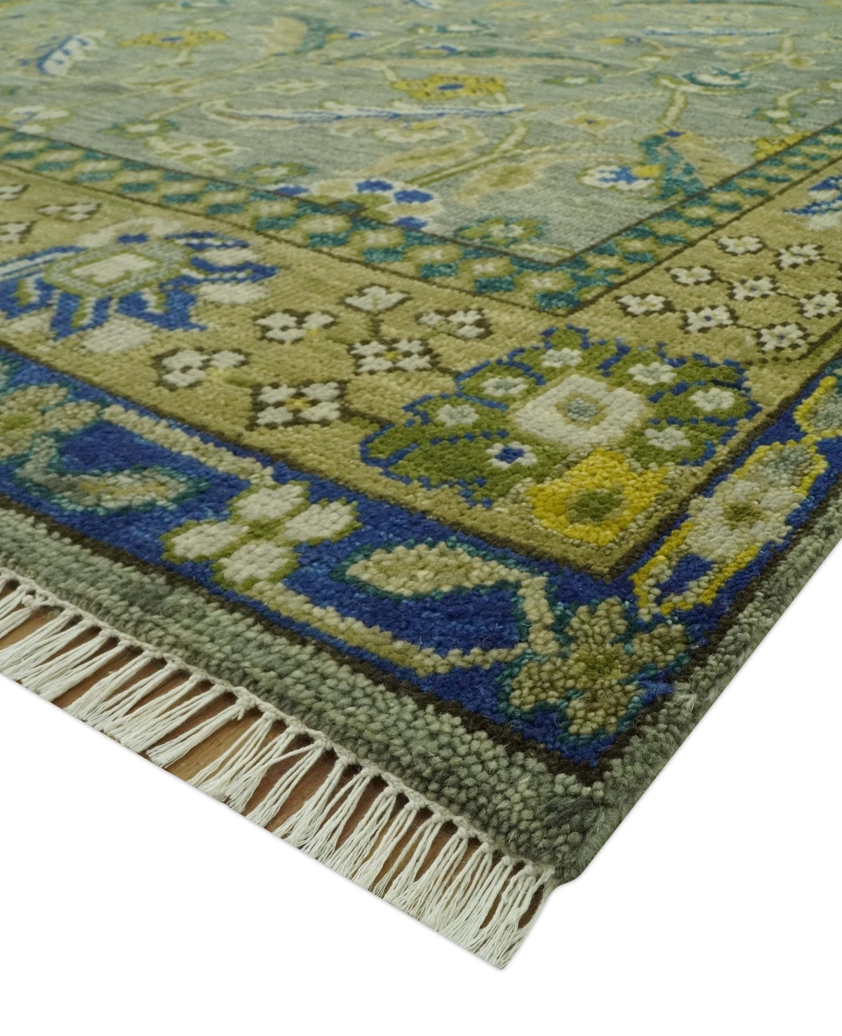 Custom Made Traditional Floral Green and Blue Hand Knotted wool area rug.