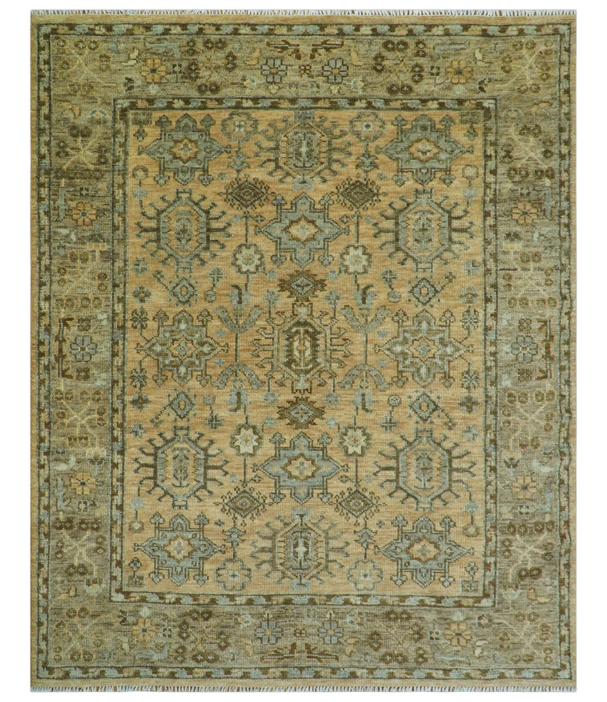Custom Made Traditional Geometrical Design Peach And Silver Hand Knotted wool area rug.