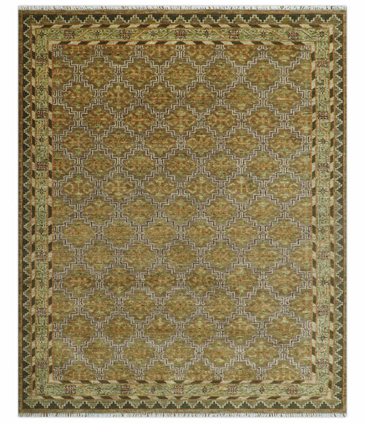 Custom Made Traditional Geometrical Motifs Olive and Rust Hand Knotted wool area rug.