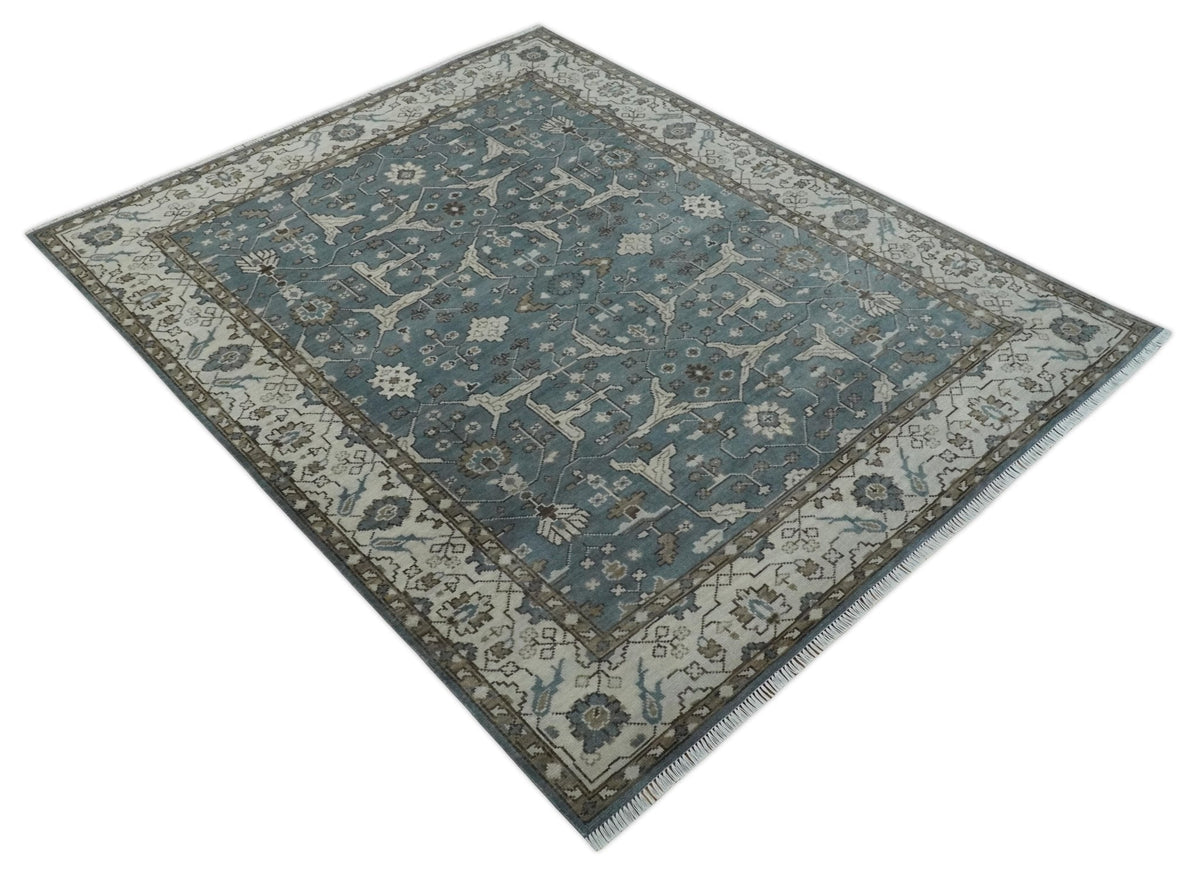 Custom Made Traditional Hand Knotted Blue, Ivory and Brown Oriental Oushak wool Area Rug.