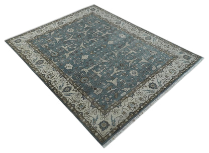 Custom Made Traditional Hand Knotted Blue, Ivory and Brown Oriental Oushak wool Area Rug.