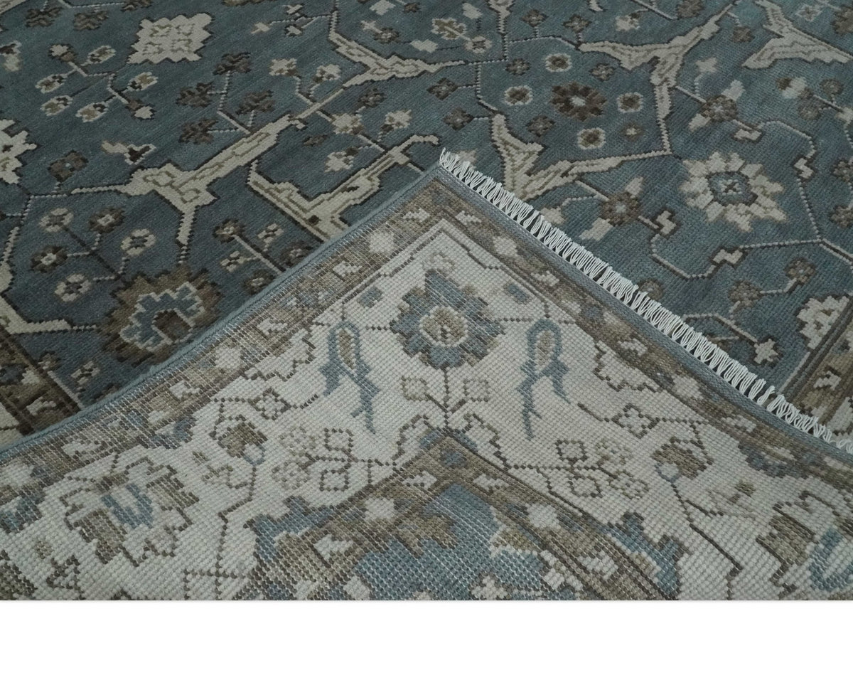 Custom Made Traditional Hand Knotted Blue, Ivory and Brown Oriental Oushak wool Area Rug.