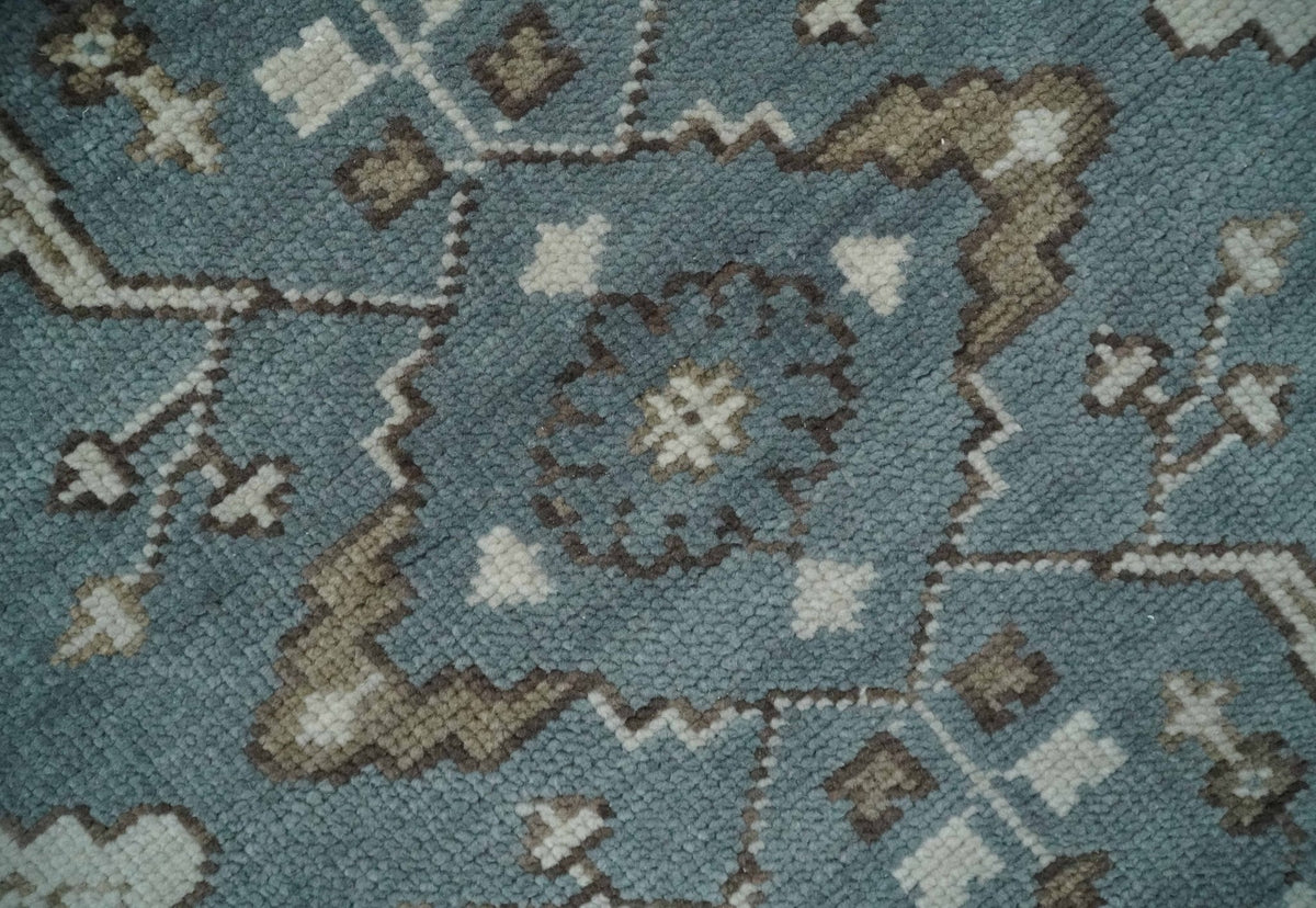Custom Made Traditional Hand Knotted Blue, Ivory and Brown Oriental Oushak wool Area Rug.