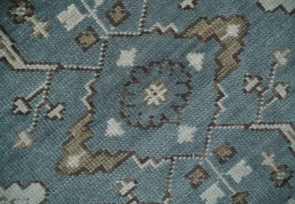 Custom Made Traditional Hand Knotted Blue, Ivory and Brown Oriental Oushak wool Area Rug.