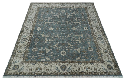 Custom Made Traditional Hand Knotted Blue, Ivory and Brown Oriental Oushak wool Area Rug.