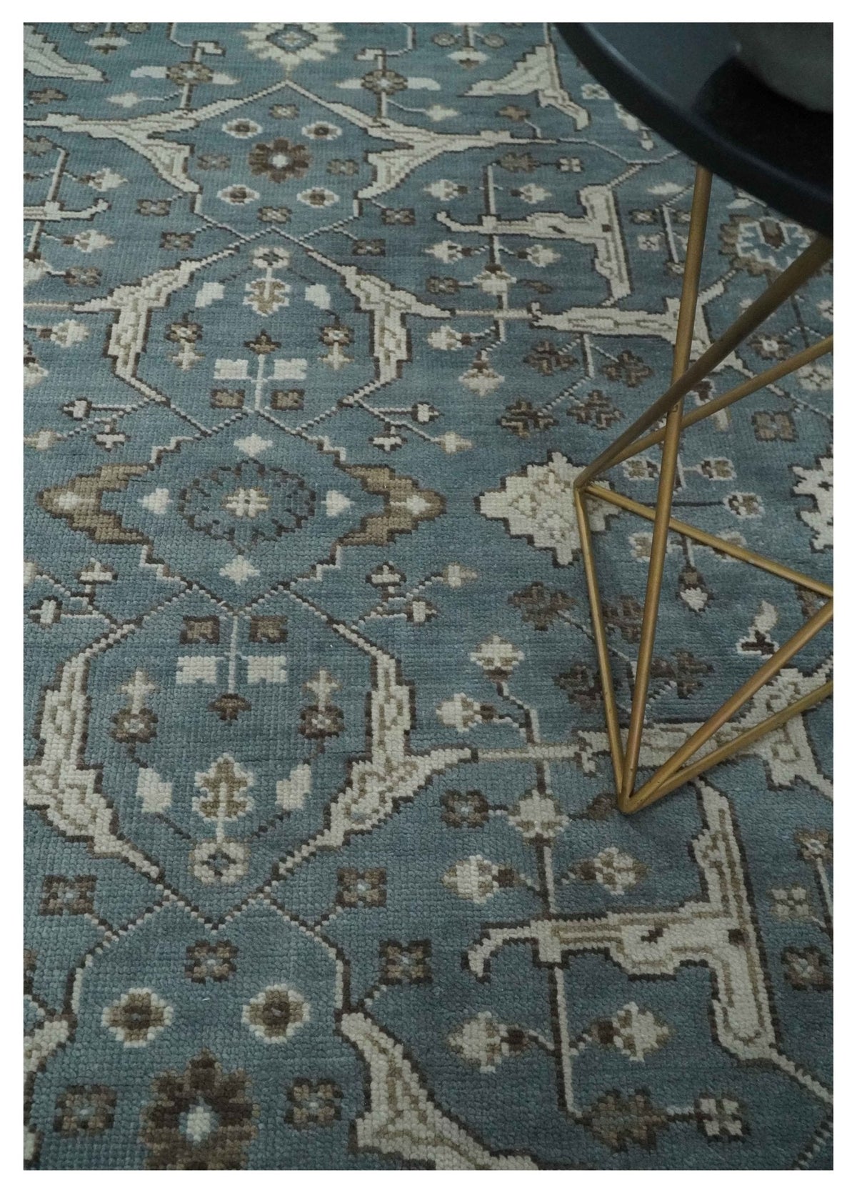 Custom Made Traditional Hand Knotted Blue, Ivory and Brown Oriental Oushak wool Area Rug.