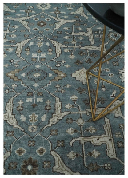 Custom Made Traditional Hand Knotted Blue, Ivory and Brown Oriental Oushak wool Area Rug.