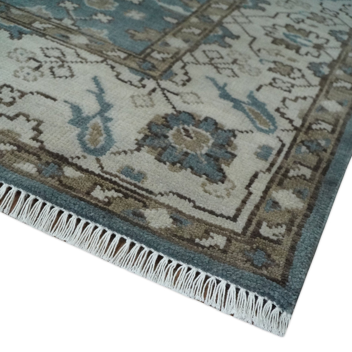 Custom Made Traditional Hand Knotted Blue, Ivory and Brown Oriental Oushak wool Area Rug.