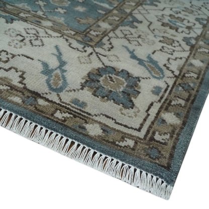 Custom Made Traditional Hand Knotted Blue, Ivory and Brown Oriental Oushak wool Area Rug.