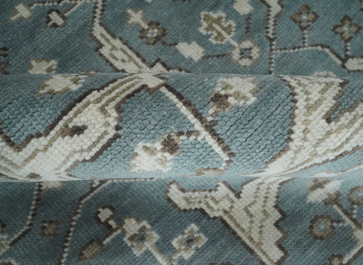 Custom Made Traditional Hand Knotted Blue, Ivory and Brown Oriental Oushak wool Area Rug.