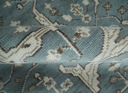 Custom Made Traditional Hand Knotted Blue, Ivory and Brown Oriental Oushak wool Area Rug.