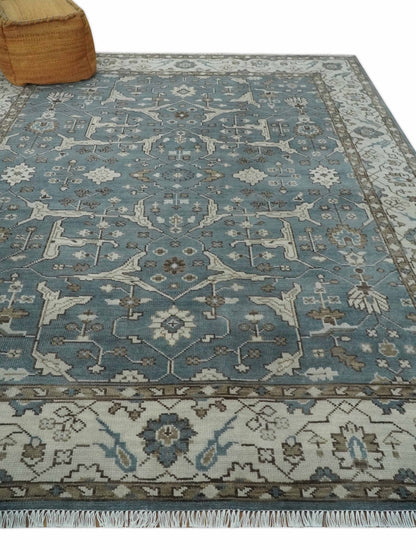 Custom Made Traditional Hand Knotted Blue, Ivory and Brown Oriental Oushak wool Area Rug.