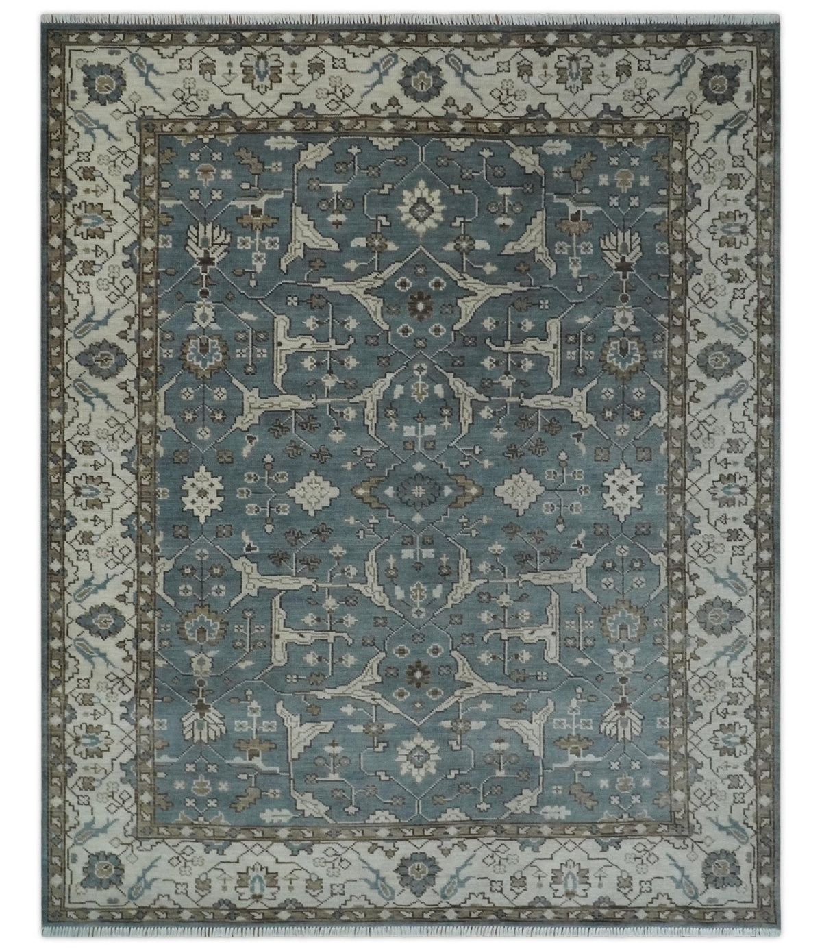 Custom Made Traditional Hand Knotted Blue, Ivory and Brown Oriental Oushak wool Area Rug.