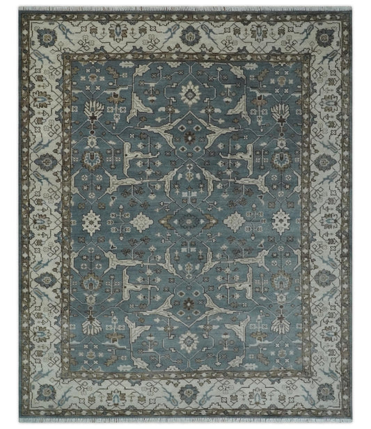 Custom Made Traditional Hand Knotted Blue, Ivory and Brown Oriental Oushak wool Area Rug.