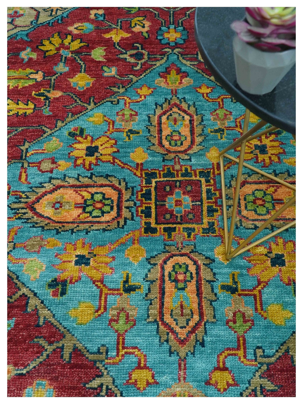 Custom Made Traditional Heriz Design Maroon And Olive Hand Knotted Wool Rug.