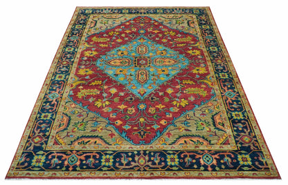 Custom Made Traditional Heriz Design Maroon And Olive Hand Knotted Wool Rug.