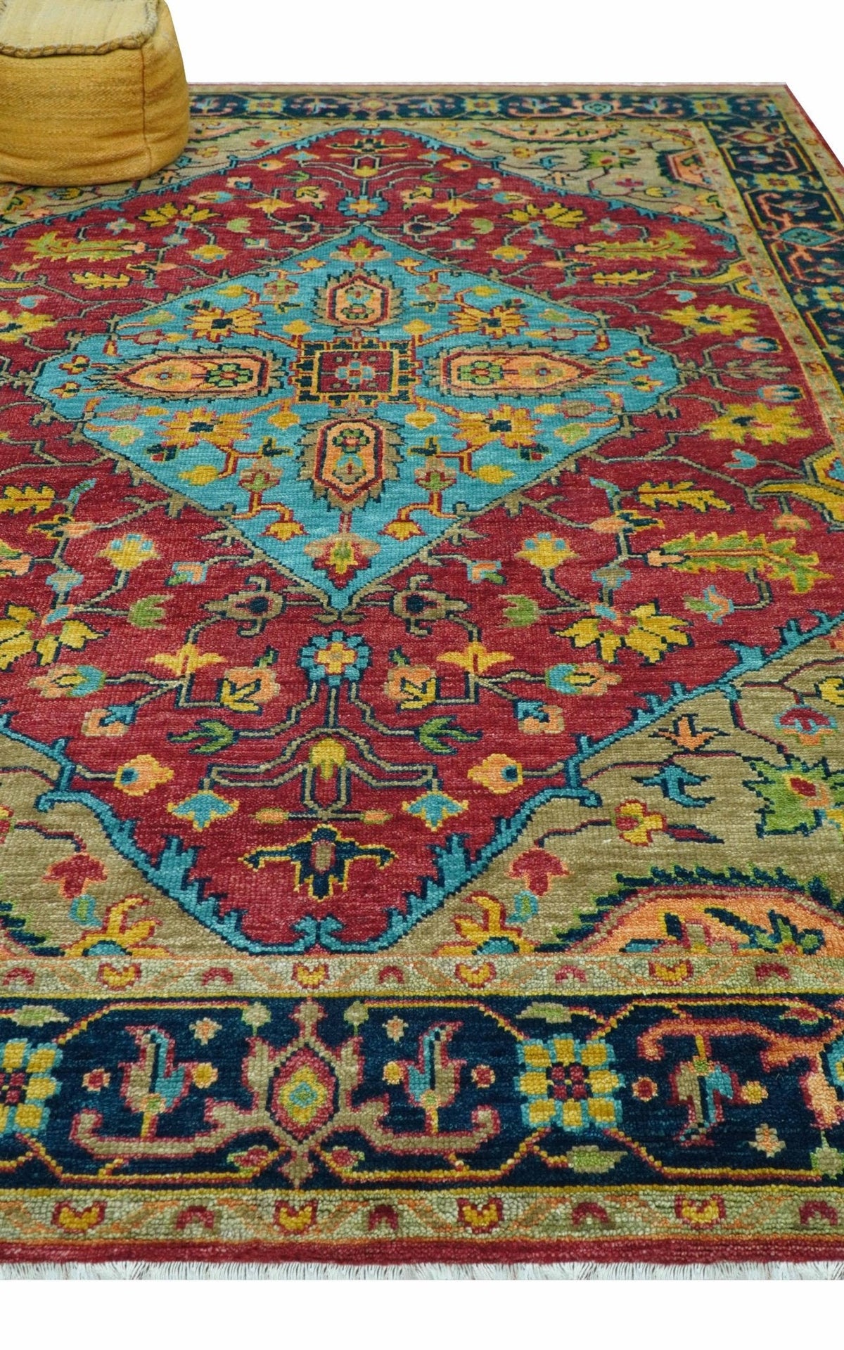 Custom Made Traditional Heriz Design Maroon And Olive Hand Knotted Wool Rug.