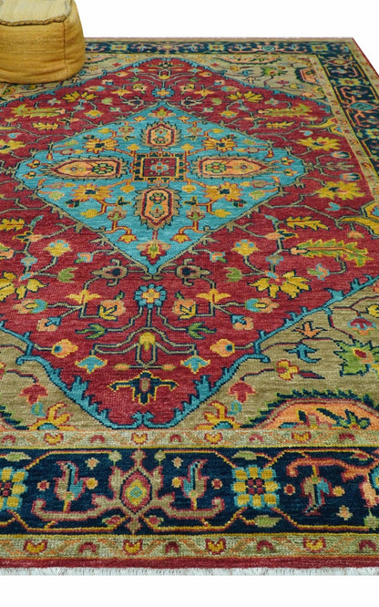 Custom Made Traditional Heriz Design Maroon And Olive Hand Knotted Wool Rug.