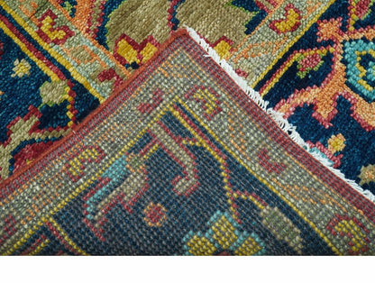 Custom Made Traditional Heriz Design Maroon And Olive Hand Knotted Wool Rug.