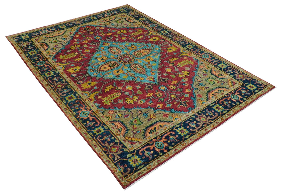 Custom Made Traditional Heriz Design Maroon And Olive Hand Knotted Wool Rug.