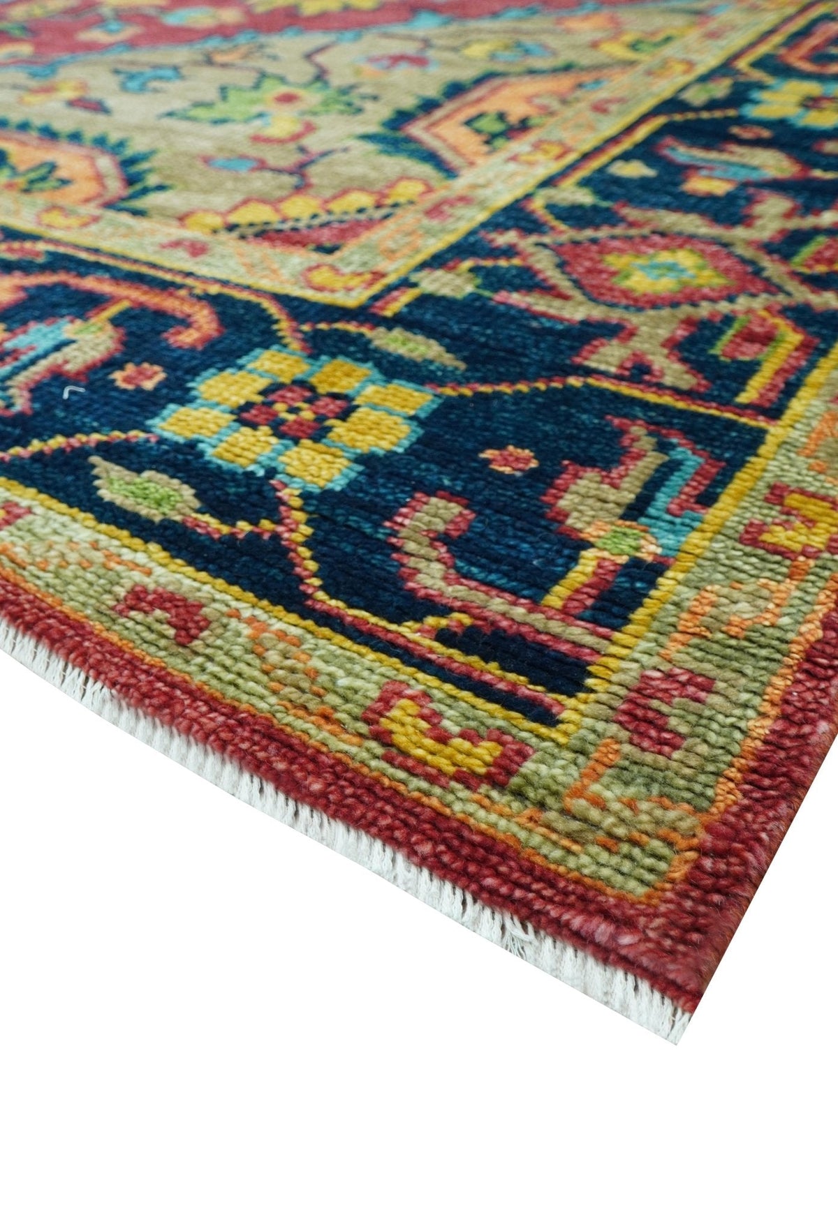 Custom Made Traditional Heriz Design Maroon And Olive Hand Knotted Wool Rug.